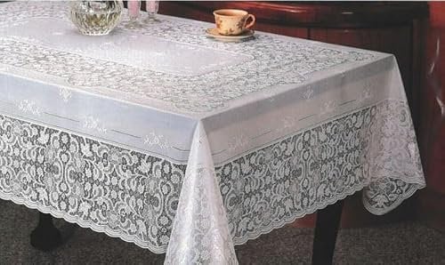Tischdecke aus Vinyl, Spitze, weiß, rechteckig, geprägt, abwischbar, Heimdekoration, Schutz, gewebt, Esszimmer, 152 x 228 cm, rechteckige Spitze