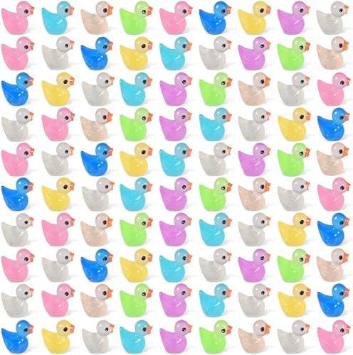 QHFlashbuy 100 Stück Mini Harz Enten,Leuchtende Miniatur Enten Bunte Harz Enten Zum Basteln,Benutzt für DIY Potting Micro Landschaft Garten,Puppenhaus Dekorationen