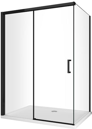 Ducha de esquina con panel lateral fijo y puerta frontal con cierre suave amortiguado H 200, marco negro mate de 8 mm (Cm 75 (73-75) x 160 (157-160))