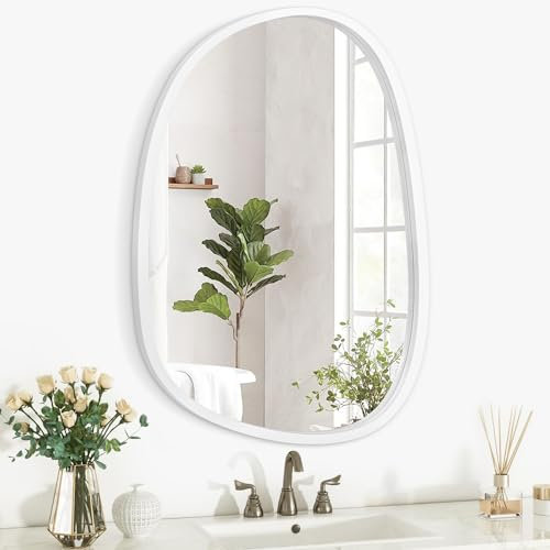 Lzuso Holzrahmen Unregelmäßig Oval Wandspiegel Asymmetrisch Modern Spiegel Einzigartige Form Wand montiert Künstlerische Spiegel Dekor für Schlafzimmer Badezimmer Wohnzimmer Eingang Flur Groß Weiß
