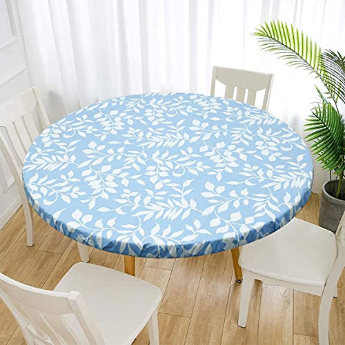 Round Table Protector Wipeable Circle Tablecloth Elastic Edged Fitted Table Cloth Flannel Backed Table Cover Waterproof Oilcloth PVC Tablecloth for Dinning Room Kitchen Picnic (Blue Leaves, 90-110cm)