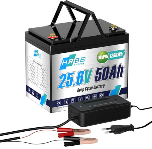 HRBEENERGY Batteria LiFePO4 da 24 V, 50 Ah, max. 1280 Wh al litio di fosfato di ferro, BMS, 7000 cicli profondi, adatta per camper, energia solare, marina, motore a traina, caricatore incluso