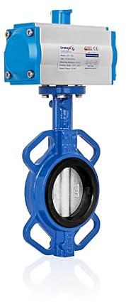 Unox DN100 (4) doppeltwirkende, pneumatisch betätigte Wafer-Absperrklappe, Edelstahl AISI304 Scheibe, EPDM-Sitz, GGG-40.3 Sfero-Gießkörper, für Wasser, Luft