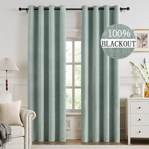 MIULEE Rideaux Opaques Isolants Thermiques avec Oeillets - Rideaux en Lin 100% Opaques, Occultants de Protection Contre Le Froid pour Le Salon, Lot de 2, 140 x 280 cm Vert d'eau