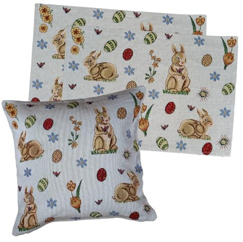 Gobelin Tischset 2er Pack Ostern Tischdeko mit Baumwolle Osterdeko Untersetzer Esstisch Deko Landhaus Typ884 Platzsets 33x46 cm Hasen Ostereier