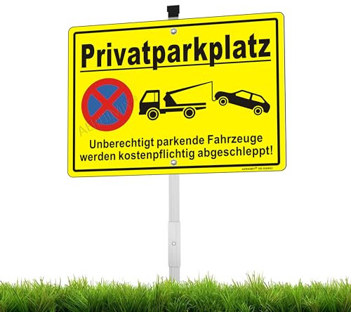 XL Schild Privatparkplatz Aluminium Reflektierend 25×35cm mit 70cm Metallhalterung und Zubehör, UV-beständig, Wasserfest, Rostfrei, mit Bohrlöcher, Gelb