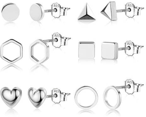 Silber 925 Ohrringe Ohrstecker Damen, Kleine Geometrische Ohrstecker Set 6 Paar Hypoallergen Mini Herz Ohrringe Dreieck Quadrat Hohl Ohrsteck Statement Ohrsteck Set Mehreren Piercings