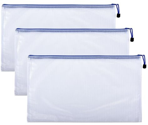 Skweawert 3 Stück 43 x 30,5 cm A3-Größen Netzbeutel mit Reißverschluss, wasserdichte transparente Dokumententasche für Organisation, Puzzle, Reisen, Büro, Klassenzimmer, A3, Weiß