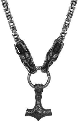 IOETSEUT Herren Halsketten Gothic Nordisch Drache Halskette Wikinger Schwarzer König Kette Hammer Anhänger Amulett Punk Hip Hop Accessoires Herren Schmuck das Geschenk