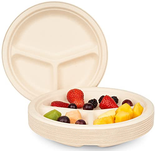 HAAGO 270 Zuckerrohr Bagasse Einwegteller, 3-Geteilt Menüteller, 26cm - Stabil, Biologisch Abbaubar, Umweltfreundlich & Kompostierbare