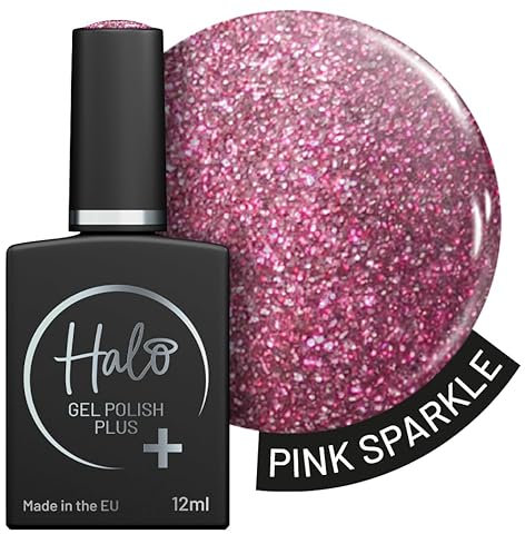 Halo Gel Polish Plus 12ml - Pink Sparkle. UV/LED Gel Nail Polish, Long Lasting & Easy To Apply. Nail Art Colours For Manicure & Pedicure. Hema Free Gel Polish For Professional & Home Use.