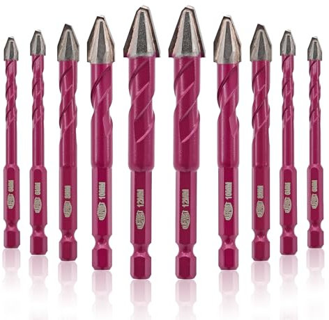 QUEFORET Crooked Head Eccentric Drill Bits 10pcs - 6/6/6/6/8/8/10/10/12/12mm Carbide Drill Bits for Wood Plastic Masonry Concrete, Wet Drilling Ceramic Tile Marble Glass, Quick Change Hex Shank
