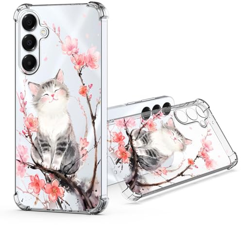 JRIANY für Samsung Galaxy A16 5G / 4G Durchsichtig Hülle, Transparent Weich Dünn TPU Silikon Handyhülle mit Bunt Blumen Muster Motiv Stoßfest Kameraschutz Schutzhülle Slim Clear Case Cover - Katze