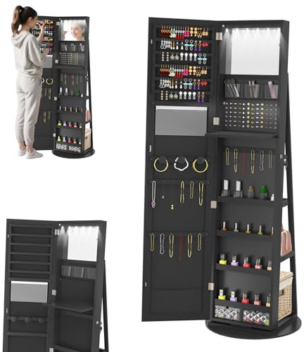 LZQ Schmuckschrank mit Spiegel und LED-Leuchten 360° Schwenkbare Spiegelschrank Abschließbar Schmuckorganisator 3-in-1 Großer Schmuckaufbewahrung Schmuck-Organizer, 161 x 54,5 x 10 cm, Schwarz