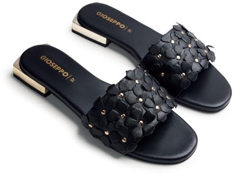 GIOSEPPO GATUNDU - Sandalias Mules con Detalles de Flores y Tacón Metalizado para Mujer, Diseño Confortable y Estilo Único, con Planta Acolchada, Color Negro, Talla 41