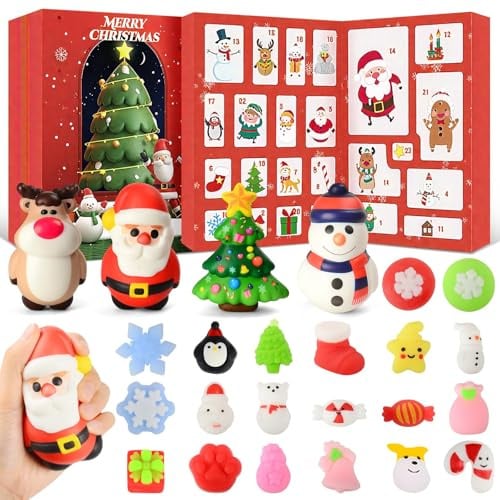 Mochi Squishy Adventskalender 2025, 24 Mochi Squishies Adventskalender Inklusive 4 Große Knetfigur, 24 Tage Weihnachts Countdown Kalender, Geschenk Erwachsene（Nur für Erwachsene）