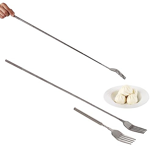Extendable Fork, Stainless Steel Dinner Fork, Silver 8.7 to 25.43 Inch Extendable Fork for BBQ Dinner Fruit Dessert