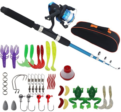Angelset Komplett Anfänger für Kinder, 1.5m Kinder Angelset mit Angelrolle, Köderbox B-Blau,Teleskop Angelrute und Tragetasche, Angelzubehör Set für Einsteiger