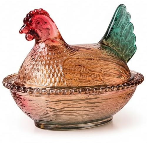 Henne auf Nest, Glas-Hühner auf Nester-Sammelfiguren, buntes Kristall-Bonbonglas für Snacks, Desserts, Kekse |.Tischdekoration für Zuhause, Küche, Büro, Rot