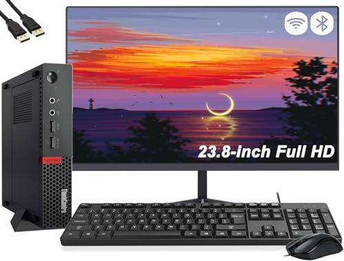 Lenovo ThinkCentre M910q Mini Ordinateur de Bureau avec Écran de 24 Pouces, Intel Core i5-6500, 8 Go de RAM, 256 Go SSD, Clavier US QWERTY, WiFi, Bluetooth, Windows 11 Pro (Reconditionné)