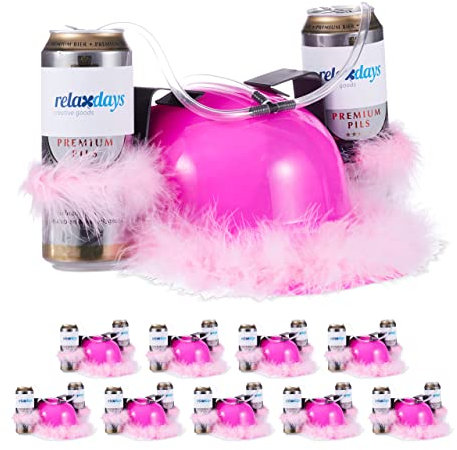 Relaxdays 10x Cappello Porta Bibite Fucsia, Elmetto con Cannuccia, 2 Lattine di Birra, per Feste a Tema, con Piume Rosa