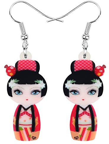 DUOWEI Acryl Anime Cute Japanisch Stil Kimono Puppe Ohrringe Charms Dangle Schmuck Geschenke für Damen Frauen Teenager Mädchen (Rot)