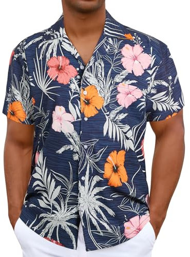 iCKER Hawaiian Shirt - Mens Short Sleeve Floral Classic Print Casual Regular Fit