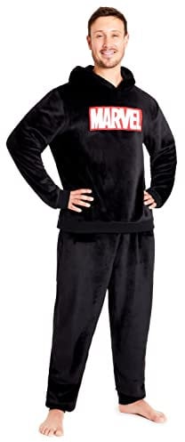 Marvel Pigiama Uomo Pile - Pigiama da Uomo Invernale con Cappuccio(Nero, XL)