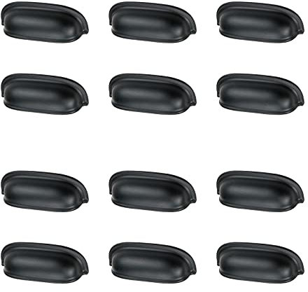 Quluxe 3.5 Drawer Pulls Flat Black Cabinet Cup Pulls Kitchen Hardware Cabinet Handles Drawer Handles Knobs (Pack of 12)