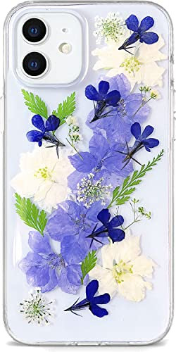 Efitoo Designed for iPhone 12/12 Pro Pressed Flower Case, Cute Bling Glitter Sparkle Clear with Design Soft Silicone TPU Rubber Dried Real Floral Aesthetic Case for Women Girls (Navy Flower)