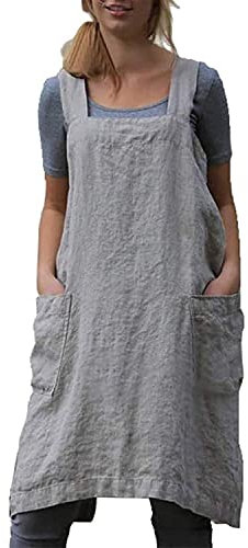 Damen Schürze, Kreuz Rücken, Schürze mit Taschen, Baumwolle Leinen Schürze Kleid Übergröße - Grau - XXX-Large