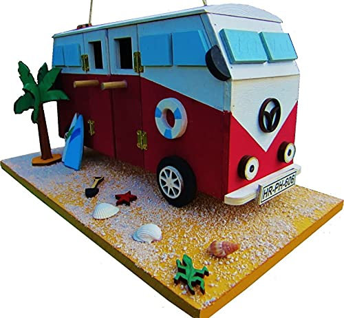 Hüwüknü Nistkasten,Hippi Bus, Vogelhaus zum Aufhängen, für Singvögel wie Spatzen, Meisen, Handarbeit aus Holz, bunt