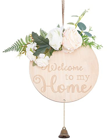 SUPERDANT Benvenuto a Casa Cartello Decorativo Legno Piatto Rotondo Targa Naturale Placca di Benvenuto con Fiori Bianchi da Decorazioni da Parete Decorazione Porta Ingresso