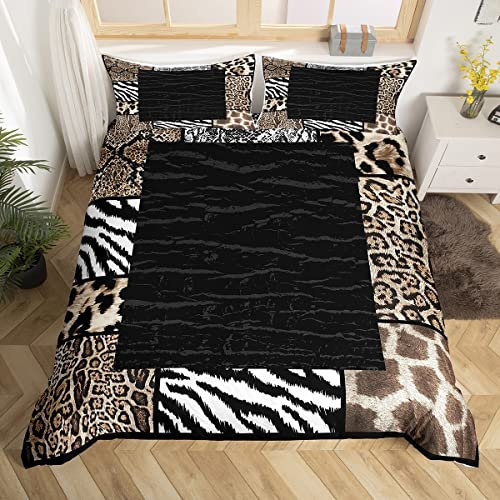 feelingyou 3D Leopard Print Bettbezug Set,Braun Gepard und Zebrafell Felldecke für Kinder Jungen Schlafzimmer, Retro Rustikal Farm Style Bettwäsche Set mit 1 Kissenbezug Tagesdecke, Weich