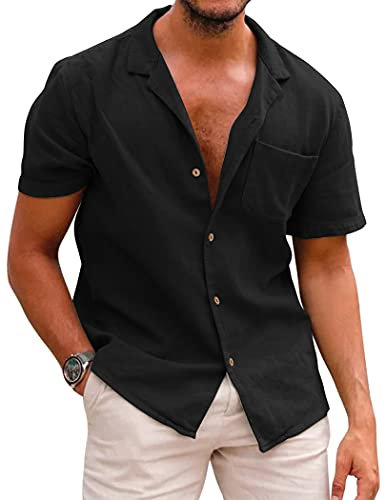 COOFANDY Men's Linen Shirts Short Sleeve Summer Holiday Shirt for Men Button Down Beach Shirts Tops Black XXXL