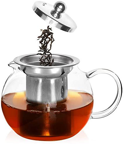 Orion Théière en verre borosilicate résistant à la chaleur avec infuseur amovible en acier inoxydable, passoire à thé et couvercle, théière en verre, 0,8 l