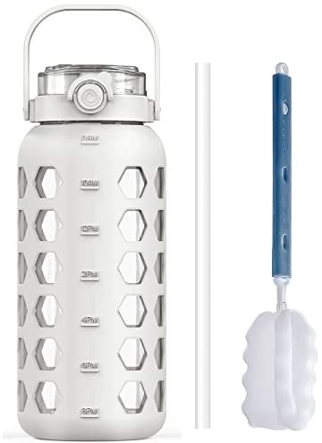MUKOKO Half Gallon Glass Water Bottles 64 oz Motivational Water Jug White | with Straw and Lid, with Time Marker Reminder, Silicone Sleeve, 100% Leakproof, BPA Free, Fitness Sports Large Bottle