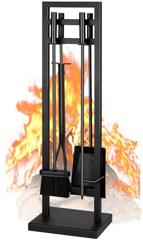 FEED GARDEN Fireplace Tools Set 5 Pieces, 30 Inch Modern Wrought Iron Outdoor Fireplace Accessories Set Long Holder Indoor with Poker, Tongs, Shovel, Brush, Base Black