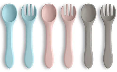 Vicloon Cuchara y Tenedor de Silicona,6 PCS Juego de Cuchara y Tenedor para Niños,Vajilla de Aprendizaje para Niños,Cucharas y Tenedores para Niños Adultos Bebés
