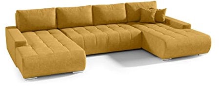 FEDVE Ecksofa mit Schlaffunktion Gelb - Dhaka – Praktisches Schlafsofa mit Bettkasten – Gemütlich Rückenkissen Sofa mit Bettfunktion – Sofa U Form zum Salon für Viele Jahr