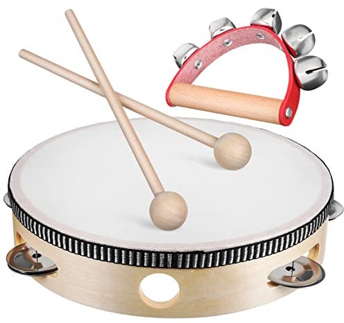 Vaguelly Kinder Percussion Set, Handtrommel Tambourin mit 2 Schlägel + Schellenkranz Glockenkranz mit 5 Metall-Schellen, Schlagwerk Instrumente für Kinder Erwachsene