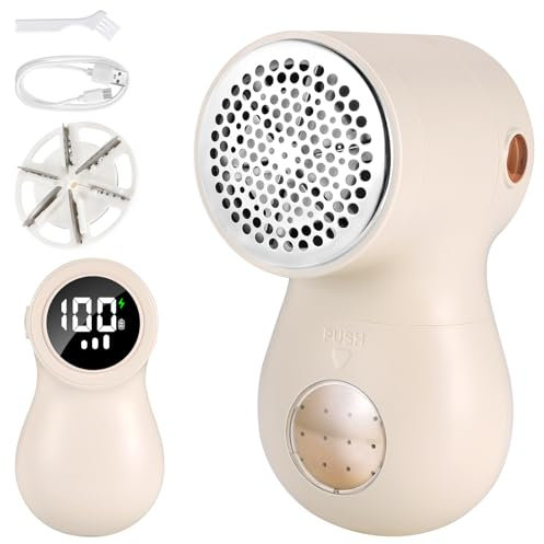 URAQT Mini Levapelucchi, Levapelucchi Ricaricabile con 3 Velocità, Display Digitale a LED Levapelucchi Elettrici, Ricarica USB, con Spazzola e Lame di Ricambio, per Abiti e Tessuti (Beige)