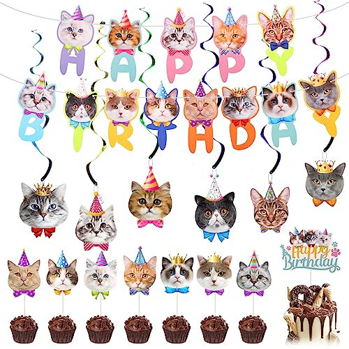 17pc Cat Party Supplies - Happy Birthday Banner, Cake & Cupcake Toppers for Cat Theme Party