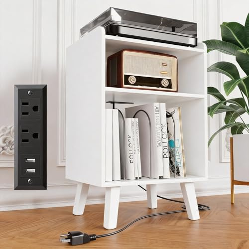 Record Player Stand, Turntable Stand with Record Storage and Charging Station & USB Ports, Record Player Table with Metal Divider, Record Stand Up to 160 Albums for Living Room, Bedroom, White