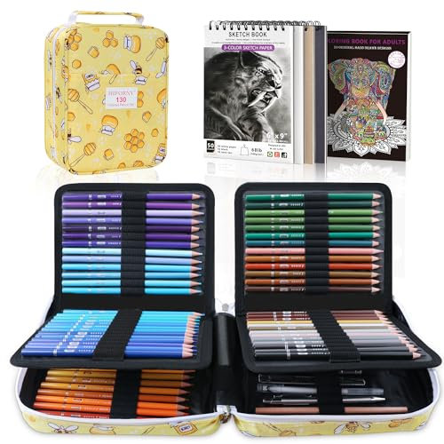 HIFORNY 130 Buntstifte-Set für Erwachsene – 120 Farben Buntstifte mit 3-farbigem Skizzenbuch, Malbuch für Erwachsene, Druckbleistifte 0,5, farblose Mischung