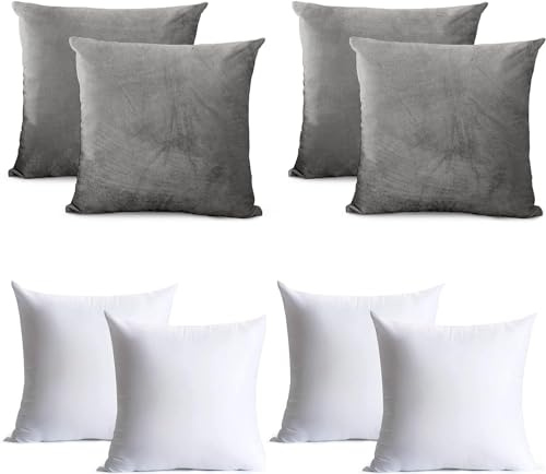 Oxford Homeware Grey Cushion Covers 45 x 45 Cm (Pack of 4) Cushions with Covers Included – Decorative Velvet Cushions for Living Room Sofa Bedroom with Invisible Zipper, 18x18 Inches