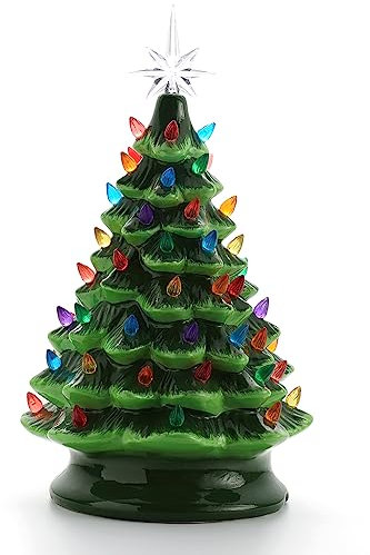Árbol de Navidad de Cerámica con Luz Giratoria de Plástico, árbol de Navidad de Cerámica Verde, Adornos Navideños de Mesa Vintage, Luces de árbol de Navidad de Mesa para Mesas, Estantes Y(L)
