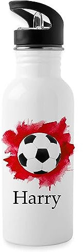 Personalised Water Bottle with Straw, Football Red, Boys School Lunch Bottle White, Metal, 600 ml, Lightweight