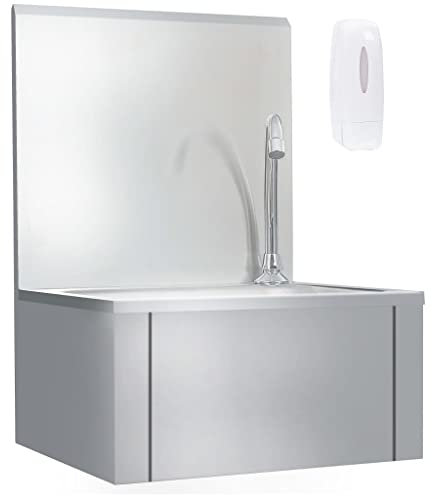Mahlzeit Edelstahl Handwaschbecken mit Wasserhahn und Seifenspender, Waschbecken für hygienisches Händewaschen, Industrie Waschtisch, Wandwaschtisch für Gastronomie, Küche und mehr