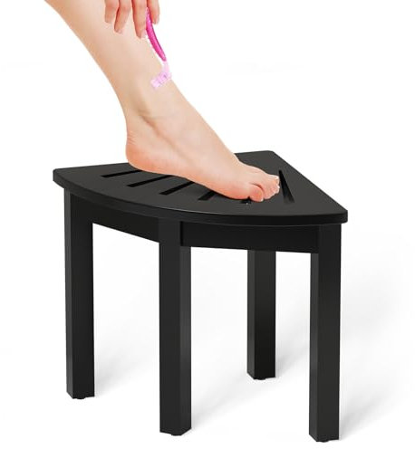 Domax Bamboo Corner Shower Foot Rest - Shower Stool for Shaving Legs 12 inch Non-Slip Waterproof Small Corner Shower Bench for Inside Shower Bathroom Bath Seat Spa Foot Rest Shaving Stool, Black